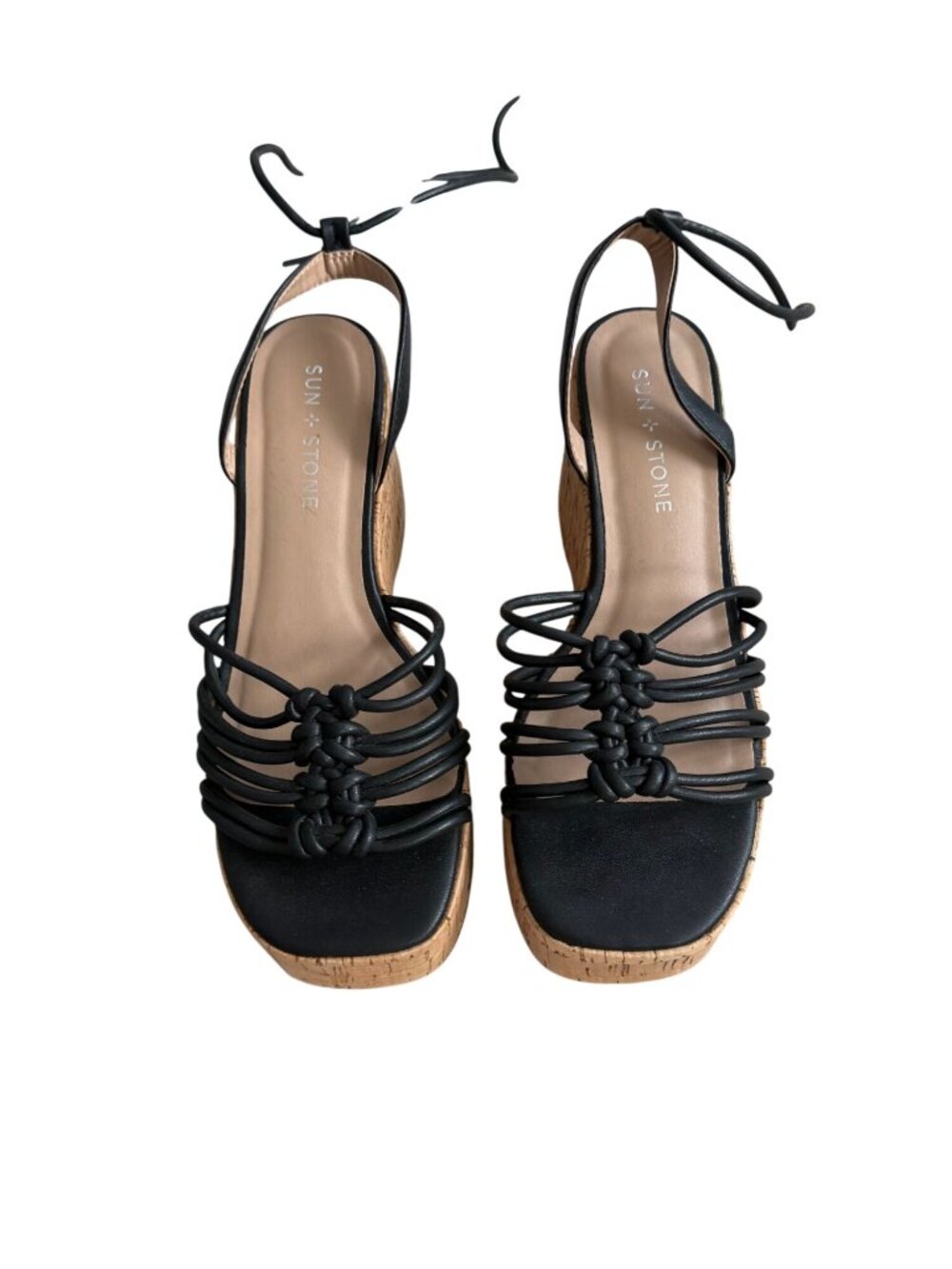 SUN & STONE Black Lace Up Cork Wedges Sandals Size 7